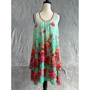 Boho Chic Y2K Green Floral Paisley Chiffon Tiered Sleeveless Dress Womens Medium